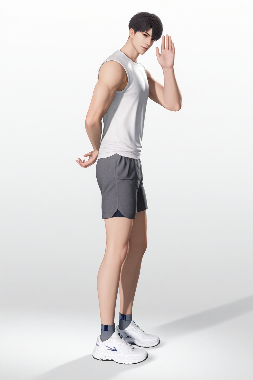 <lora:caleb-NAI:0.7>,caleb, 1boy, solo, short hair, looking at viewer, shirt, from side, full body, sleeveless, hand up, shoes, shorts, sneakers, socks, white footwear, arm behind back, black hair, yaoi,bara,male focus,very awa,masterpiece,best quality,amazing quality,nsfw,uncersored,highres,best quality,amazing quality,best aesthetic,absurdres,