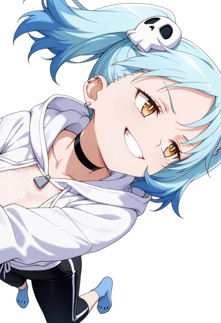 masterpiece,high quality details, absurdres,
<lora:Izutsumi_Marín:0.8>
izutsumi_cnr, 1girl, blue hair,yellow eyes, multicolored hair, skull hair ornament, twintails, black choker,ear piercing,, simple background, white background, sideways,solo,, evil smile,evil grin,, :<,, ultra realistic, high detailed skin,, mesh shirt ,hoodie ,capri pants, ,rabbit ear legwear,