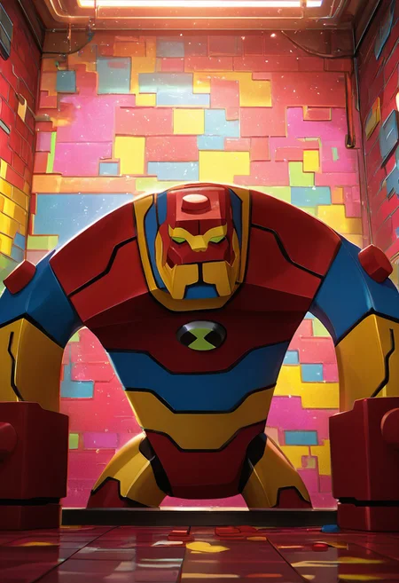 masterpiece, best quality, amazing quality, very aesthetic, absurdres, newest,, detailed background, 
 movie scene, cinematic scene, cinematic, 
bloxx, robot, mecha, solo, armor, green eyes,, massive arms, upper body, , big head, massive head, short legs, 
lego house, colorful walls, colorful bricks, everything made from lego, made from lego, inside house, lego bricks,