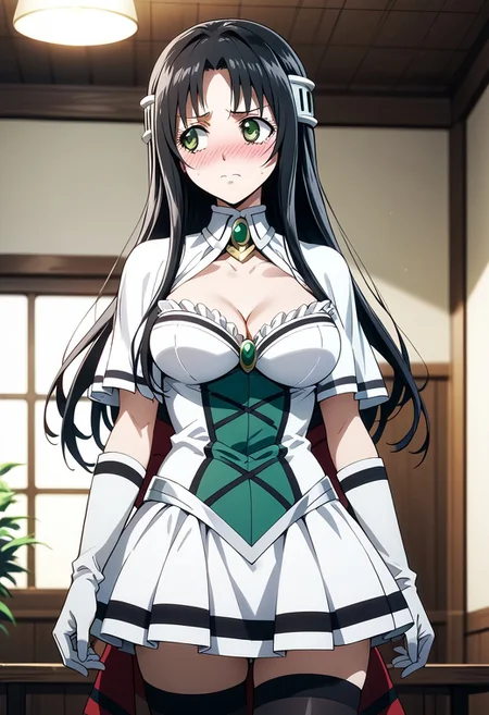 score_9,score_8_up,score_7_up,source_anime,Marguerite Farom,1girl,solo,breasts,blush,large breasts,skirt,hair ornament,gloves,dress,thighhighs,cleavage,medium breasts,standing,indoors,black thighhighs,elbow gloves,white gloves,looking to the side,zettai ryouiki,embarrassed,