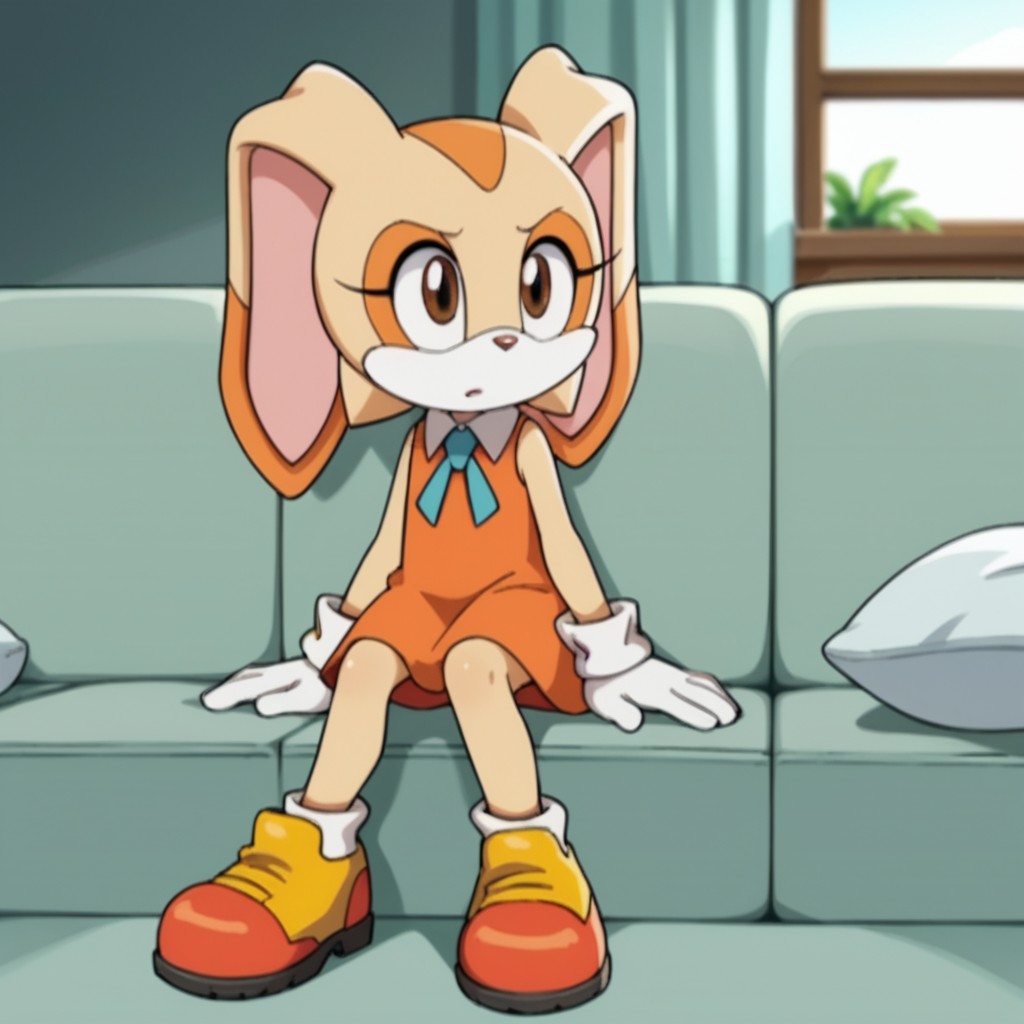score_9, score_8_up, score_7_up, score_6_up, score_5_up, score_4_up, source_furry, CreamSonX, anthro, female, rabbit, tan fur, brown eyes, white gloves, orange dress, blue cravat, orange shoes, inside, sitting, on couch, solo, 1girl, sleeveless dress, <lora:98481c40-16a1-41ff-9c92-253b63240b3c:0.7>