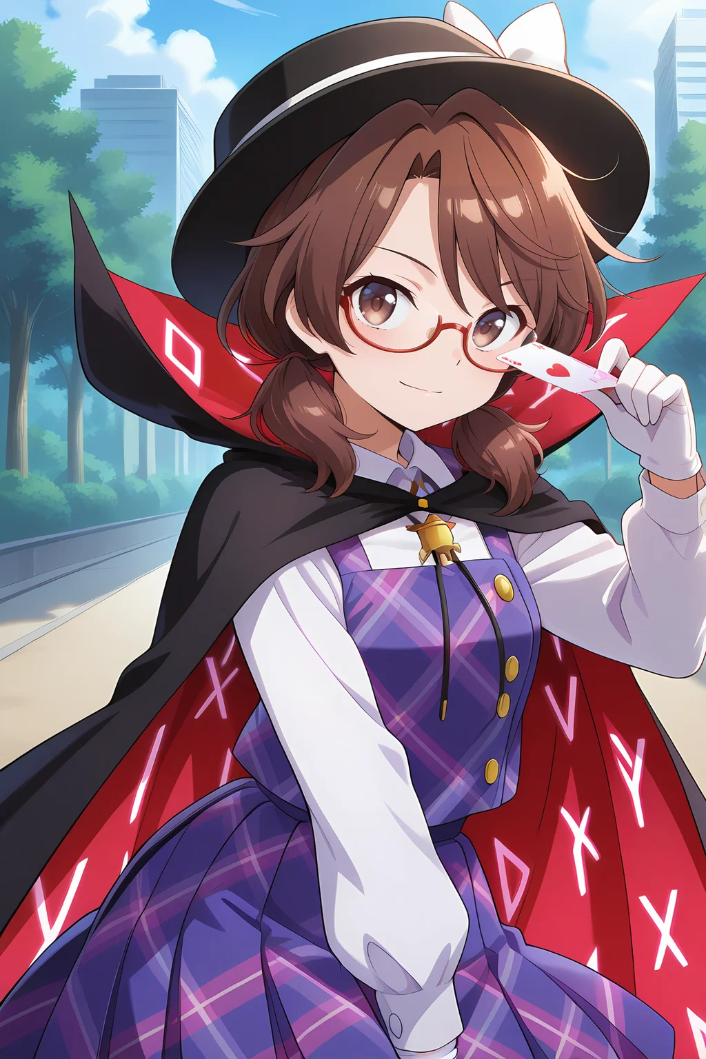 absurdres, highres, masterpiece, best quality, amazing quality, official anime artwork, screencap, anime screencap, outdoors, light smile, looking at viewer, dynamic pose,
 <lora:Usami-Sumireko_Illustrious:1> usami sumireko, 1girl, solo, brown eyes, brown hair, short hair, low twintails, red-framed eyewear, semi-rimless eyewear,, white shirt, long sleeves, purple vest, plaid vest, purple skirt, plaid skirt, bolo tie, bow hat, black cloak, white gloves, holding card,