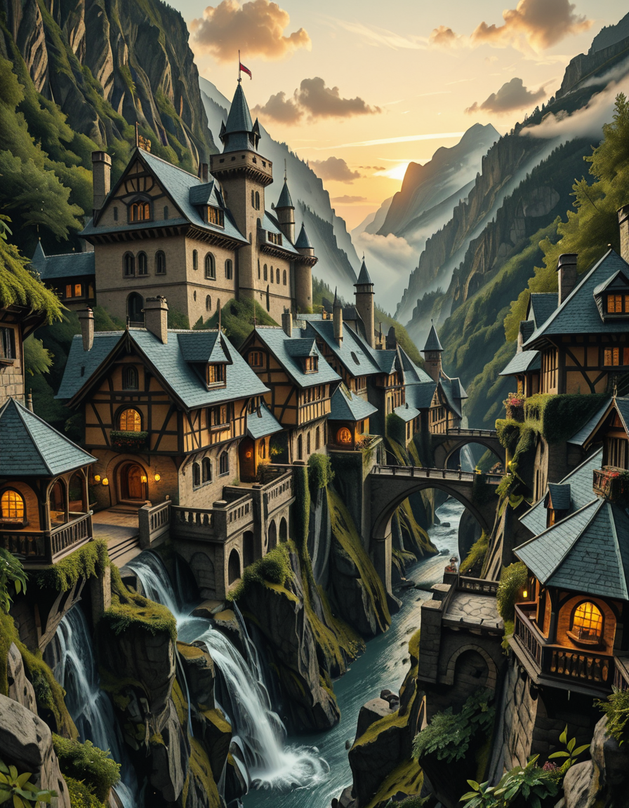 A breathtaking medieval fantasy city nestled in a lush valley, surrounded by towering mountains and dense forests. A grand castle with multiple towers and turrets stands atop a hill, overlooking the town below. The city consists of charming half-timbered houses with glowing windows, perched on rocky cliffs and connected by stone bridges over cascading waterfalls. The river flows through the village, reflecting the warm golden lights of lanterns and torches. Ivy and moss grow over the stone walls, adding to the enchanted, ancient atmosphere. The background features misty mountains with additional fortresses and watchtowers, partially hidden by low-hanging clouds. The sky is illuminated by a soft, warm sunset, casting a golden glow on the scenery, creating a perfect blend of realism and fantasy. Highly detailed, cinematic, and immersive, with a magical, fairy-tale ambiance.
<lora:SDXLFaeTastic2400:0.4> <lora:extremely_detailed:0.4> extremely detailed, ,medieval f4nt4sy c1ty <lora:medieval_f4nt4sy_c1ty-i:1>, Masterpiece,best quality,hi res,8k,hi res,8k,award winning,(sharp focus, intricate, highly detailed),