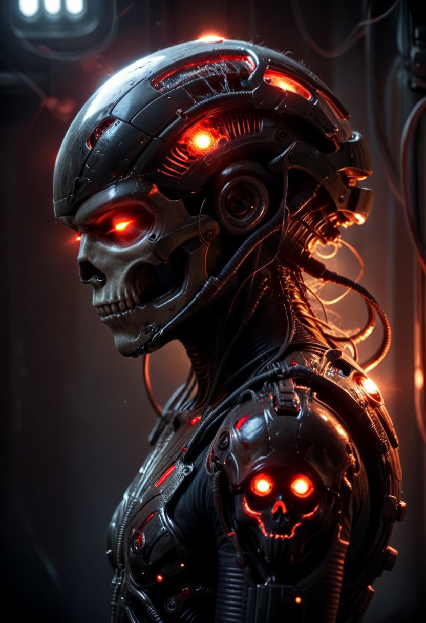 score_9, score_8_up, score_7_up, (1male), BExoS, science fiction, glowing eyes, cyborg, humanoid robot, wires coming out of helmet, black skull helmet, red glowing eyes, (side view), standing, (head and thigh focus:1.3), (detailed BExos Background), (photorealistic), (masterpiece),