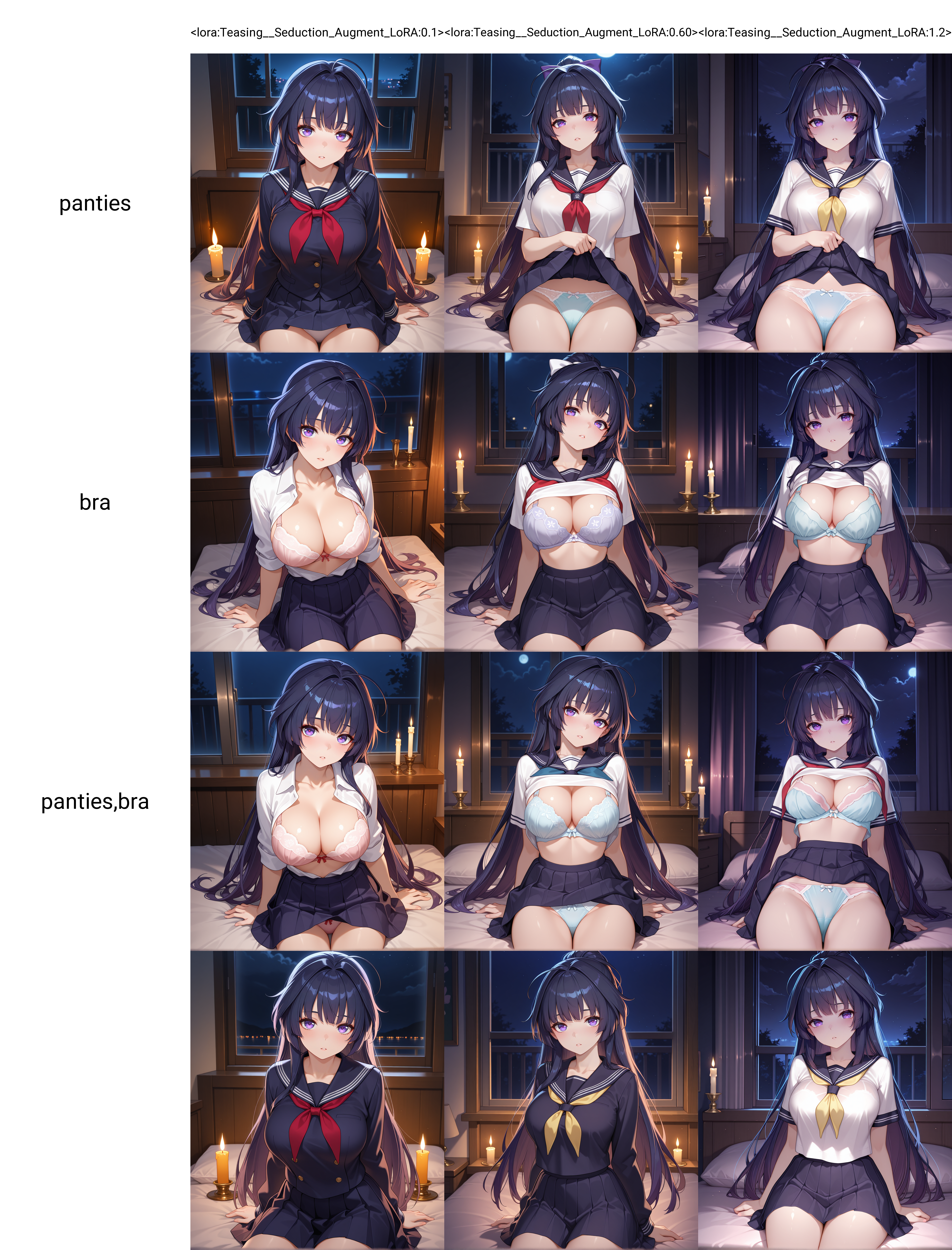 <lora:Teasing__Seduction_Augment_LoRA:0.1>,looking at viewer,solo,raiden mei,parted lips,night,candlelight,bedroom,cowboy shot,sitting,school uniform,panties,, masterpiece,best quality,amazing quality, very aesthetic, absurdres,detailed eyes,ultra-detailed,