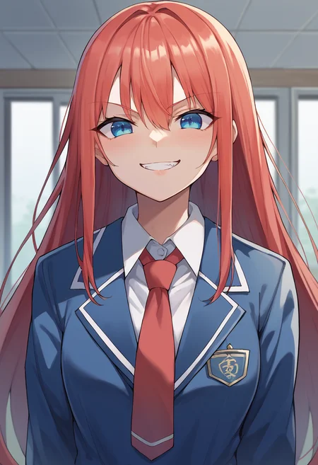 <lora:Lien-06:1> ,lien, blue eyes, red hair, long hair, blue school uniform, red tie, evil smile, japanese school, score_9, score_8_up, score_7_up, source_anime,