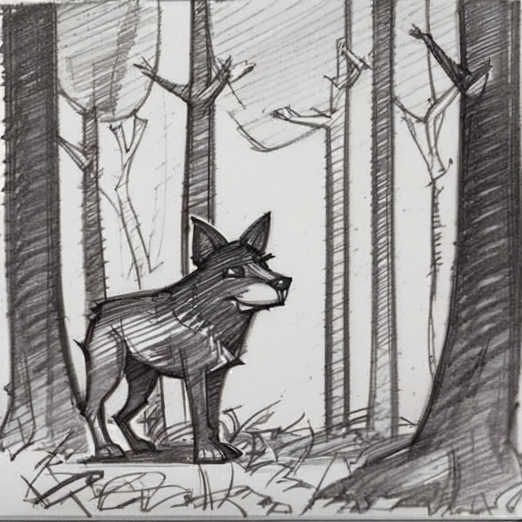 drawix21 wolf in forest, black ink<lora:drawix21:1>