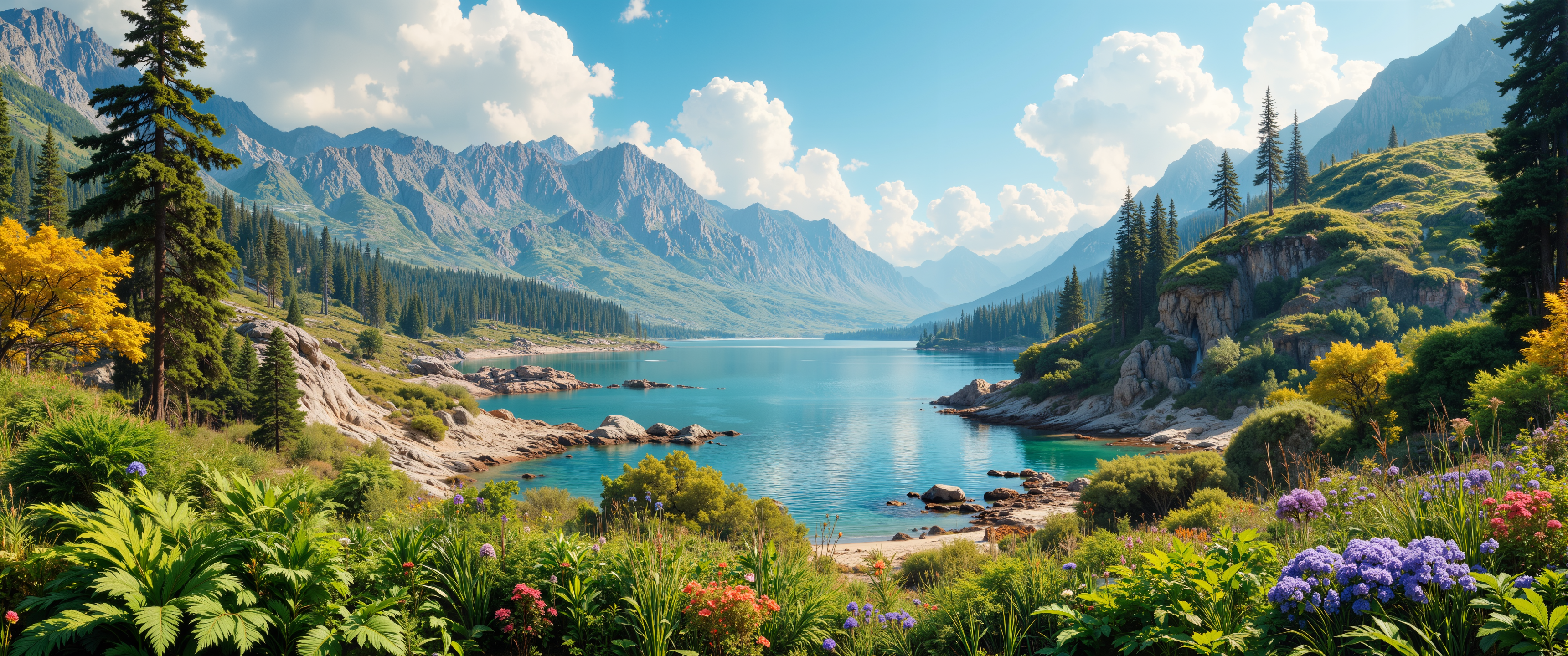 Ultra high-definition 8K masterpiece landscape; diverse natural biomes merging lush emerald forests, arid rusted deserts, expansive mountain ranges, and tranquil coastal shores. Sweeping aerial view, intimate eye-level perspective, dramatic low-angle and dynamic tracking composition. Intricate textures of dew-laden ferns, weathered sandstone, rippling water reflections, and delicate wildflower close-ups. Vibrant color palette, natural gradients, soft ambient light, deep atmospheric shadows, rich organic patterns, and refined environmental details. Masterful spatial composition, hyper-realistic rendering, intricate detailing, and futuristic eco-art aesthetics. <lora:Classic_Anime_Colors:0.5> <lora:flux_ptchkrawk:0.4> <lora:ArtNouveau2Flux:0.5> <lora:flux_dev:1>