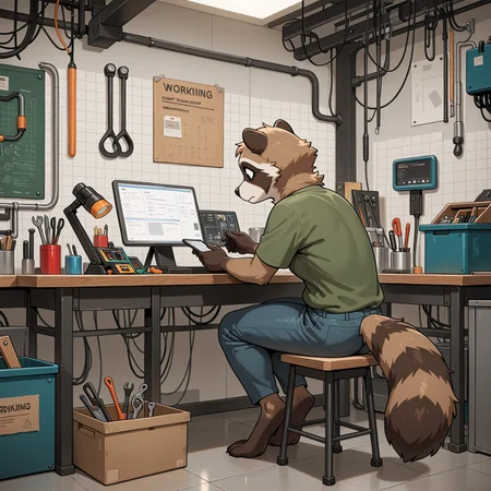 raccoon, anthro, workshop, inventor, tools, gadgets, working, workbench, sitting, masterpiece, best quality, high quality, absurdres, highres, incredibly absurdres, newest, amazing quality