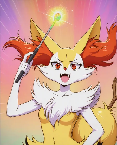 masterpiece, best quality, absurdres, zodikki1, kurumada eyes, kurumada hair, furry female, braixen, rainbow background, upper body, >:3, :d, fangs, holding magic wand, hand up, action pose