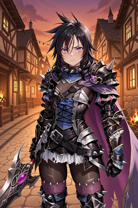 masterpiece, very aesthetic, absurdres, best quality, amazing quality, high resolution, <lora:illustrious_quality_modifiers_masterpieces_v1:0.8> , <lora:ChamIllustriousBackgroundEnhancer:0.5>, <lora:LeonIL:0.8> , LeDef, 1boy, purple eyes, scar on forehead, spiked hair, black hair, spiked collar, spikes, spiked armor, shoulder spikes, armor, black armor, faulds, purple faulds, gauntlets, black gauntlets, cape, purple cape, black bodysuit, bodysuit under clothes, spiked belt, greaves, black greaves, spiked shoes, spiked thighhighs, purple thighhighs, cowboy shot, frown, daytime, bloodstained armor, bloody, bloody armor, exterior, burning houses, burning village, holding lance,