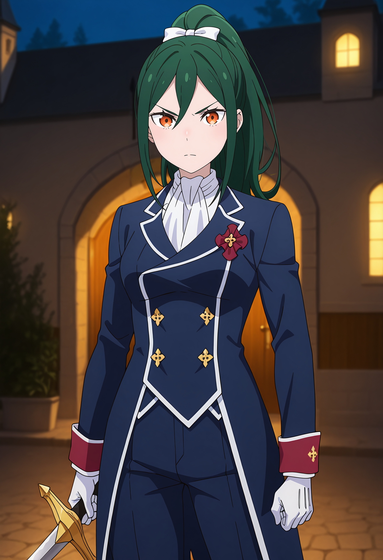 anime screencap, masterpiece, best quality,
<lora:ReZero_CrushKarsten_IlluXL:0.9>,
1girl, solo, closed mouth, serious, v-shaped eyebrows,
high ponytail, hair between eyes, long hair, green hair, orange eyes, hair bow, white bow,
blazer, blue jacket, white ascot, long sleeves, double-breasted, white gloves, blue pants,
holding sword,
sheath, standing, looking at viewer, cowboy shot,
outdoors, night, mansion, doors, plant, medieval, photo background, blurry background