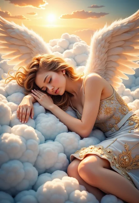 masterpiece, an extremely delicate and beautiful, extremely detailed, 2k wallpaper, Amazing, finely detail, a female angel is lying on a cloud and sleeping. wearing a white dress with golden complex details. sun in background. DreamArt