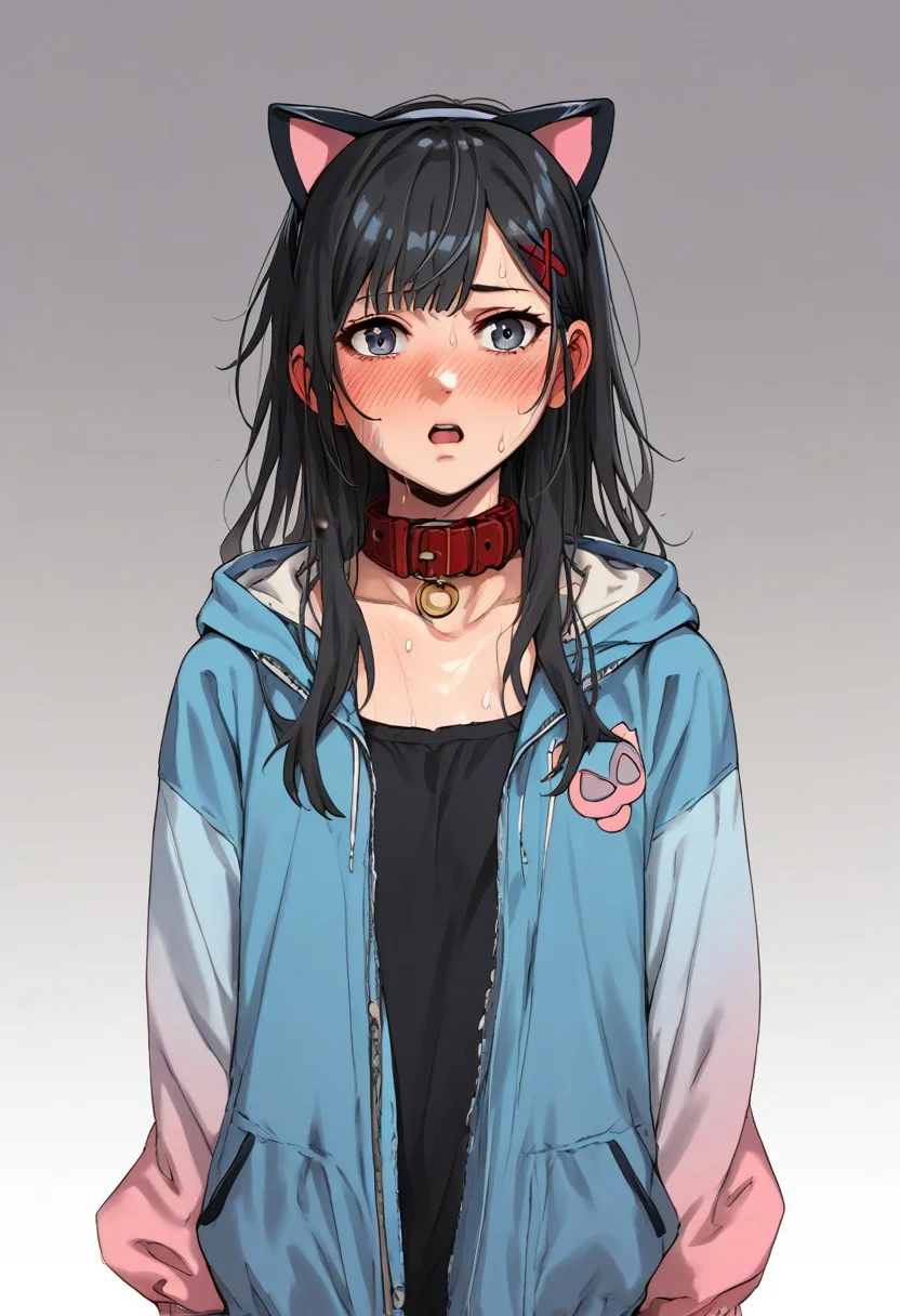 score_9, score_8_up, score_7_up, score_6_up, score_5_up, score_4_up, jacket, cowboy shot,gradient, sleeves past wrists, grey background, open jacket, arms behind back, , bangs,open clothes, fake animal ears, cat ears, solo, sweat, blue jacket, blush, long hair, sleeves past fingers, animal ears, 1girl, open mouth, collar, hair ornament, facing viewer, hood, gradient background, hairclip, black hair, standing, x hair ornament