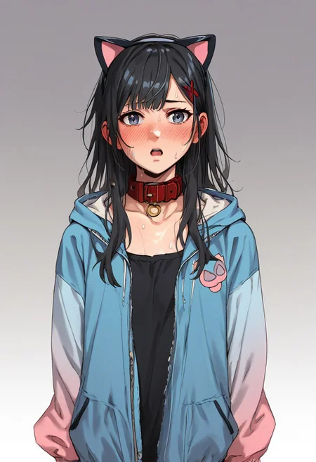 score_9, score_8_up, score_7_up, score_6_up, score_5_up, score_4_up, jacket, cowboy shot,gradient, sleeves past wrists, grey background, open jacket, arms behind back, , bangs,open clothes, fake animal ears, cat ears, solo, sweat, blue jacket, blush, long hair, sleeves past fingers, animal ears, 1girl, open mouth, collar, hair ornament, facing viewer, hood, gradient background, hairclip, black hair, standing, x hair ornament