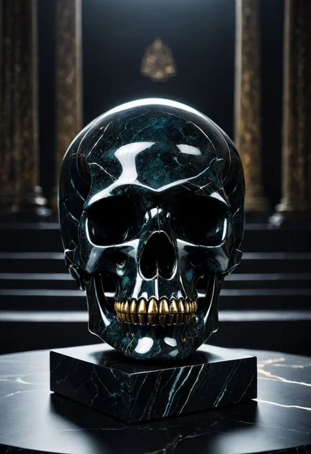 Fujifilm XT3, Sony A7 IV, (award winning photography) a (black: 0.89) marble skull made of opal (Kintsugi: 0.89) set on a pedestal in temple, glistening. in the background beautiful pillars, divine (iridescent: 0.79), opalescent textures, volumetric light, ethereal, sparkling, studio photo, highly detailed, sharp focus (highest quality: 1.39) (highest coherency: 1.39) (award winning photography), highly detailed photography, (muted colors, cinematic, dim colors, soothing tones:1.2), vibrant, insanely detailed, hyperdetailed, (dark shot:1.2), (vsco:0.3), (intricate details:0.9), (hdr, hyperdetailed:1.2) (vignette), sss, raw photo, fijifilm, kodak, cinematic film grain
