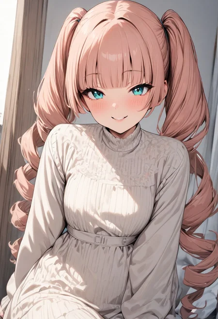masterpiece, best quality, 1girl, solo, twin drills, twintails, blunt bangs, soft peach hair, aqua eyes, smile, long sleeves, white dress,