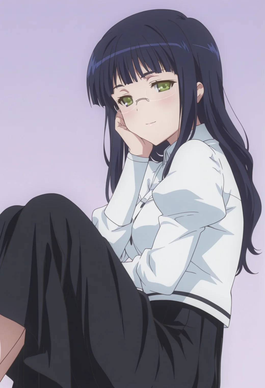 anime screencap, anime coloring, <lora:DX888Mikan:1> mikan, green eyes, black hair, long hair, hair down BREAK simple background, purple background, BREAK glasses, white shirt, puffy sleeves, black skirt, long skirt, BREAK 1girl, breasts, closed mouth, hand on own cheek, hand on own face, knees together feet apart, legs up, light smile, looking at viewer, sitting, from side,