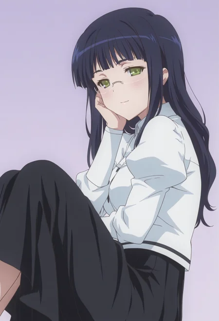 anime screencap, anime coloring,  <lora:DX888Mikan:1> mikan, green eyes, black hair, long hair, hair down BREAK simple background, purple  background,  BREAK   glasses, white shirt, puffy sleeves, black skirt, long skirt, BREAK    1girl, breasts, closed mouth,  hand on own cheek, hand on own face, knees together feet apart, legs up, light smile,  looking at viewer, sitting, from side,