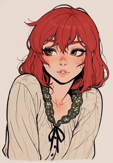 score_9, score_8_up, score_7_up, masterpiece, best quality, very aesthetic, 1girl, detailed face, (dynamic:1.1), incoth, (incase:0.6), thick linework, illustrative background, comfy outfit, red hair, green eyes, freckles, lounging, content,