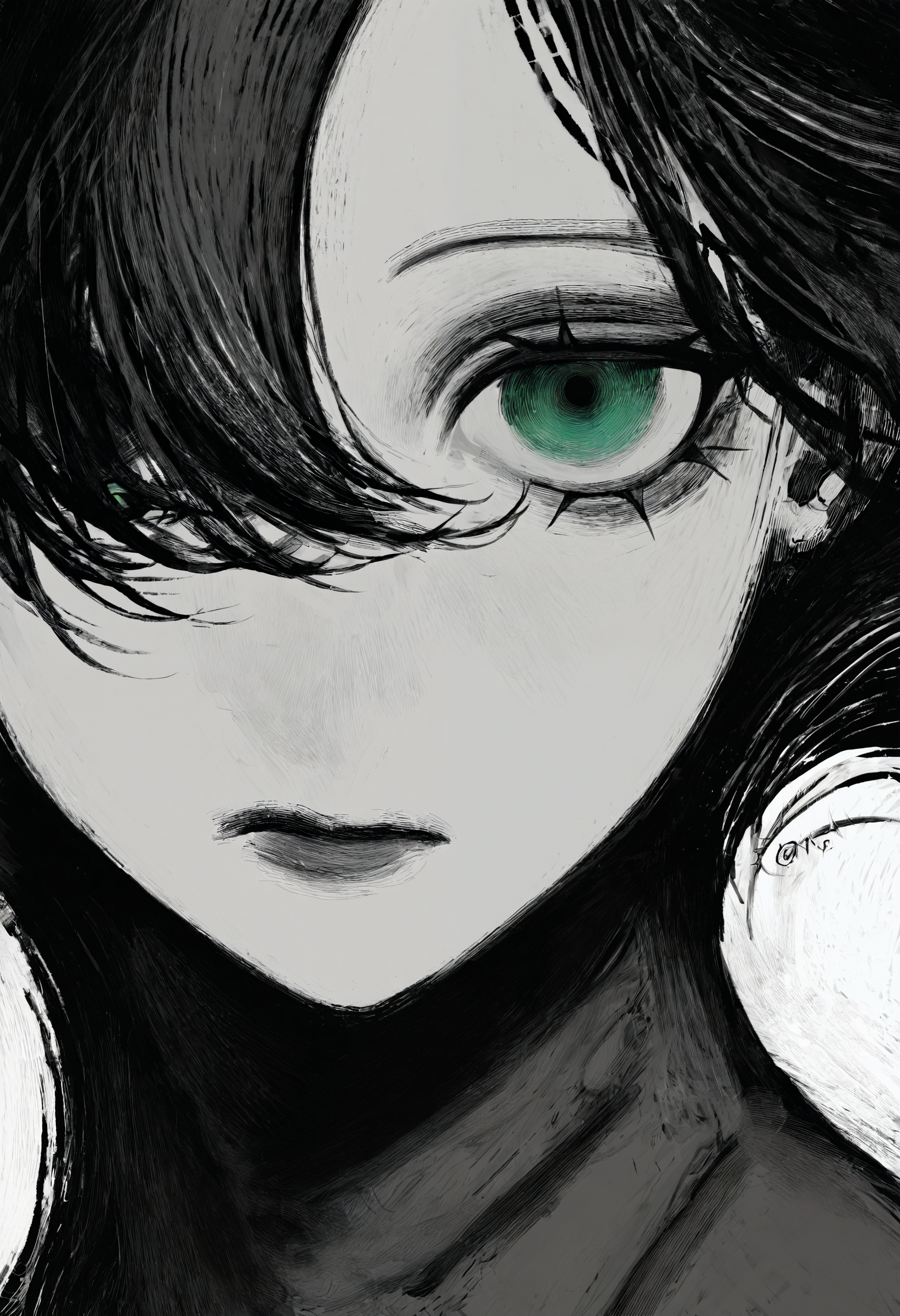 <lora:TnhocXQ=-noobaiXLNAIXL_epsilonPred_V110_V1-CAME>, Tnho, monochrome, greyscale, solo, 1girl, white background, short hair, simple background, looking at viewer, portrait, twitter username, hair over one eye, black hair, floating hair, eyelashes, closed mouth, expressionless, wind, green eyes