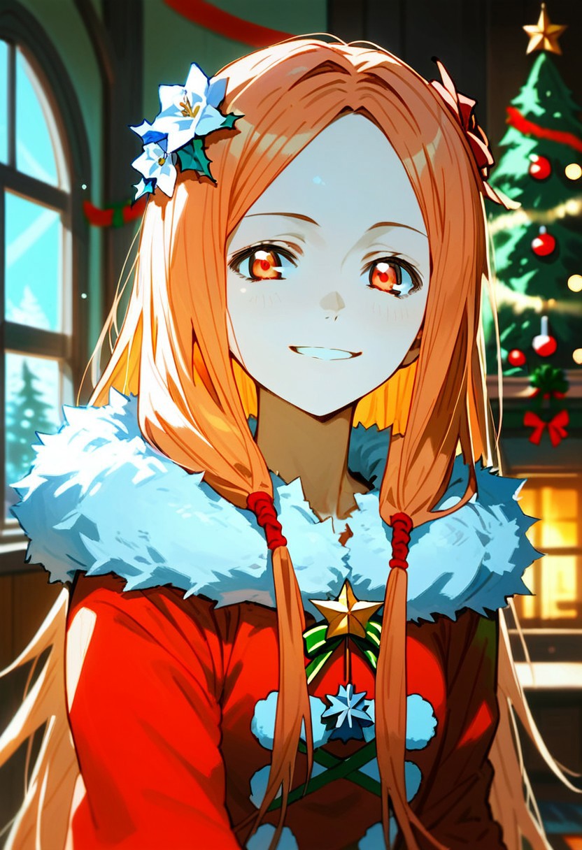 score_9,score_8_up,score_7_up,source_anime, Mana Ouma,1girl,solo,looking at viewer,smile,hair ornament,upper body,flower,indoors,hair flower,fur trim,window,christmas,christmas tree,