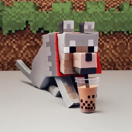 score_9_up, score_8_up, score_7_up, source_furry, wolf, minecraft wolf, pixel style, gray fur, black eyes, square dog, bubble tea