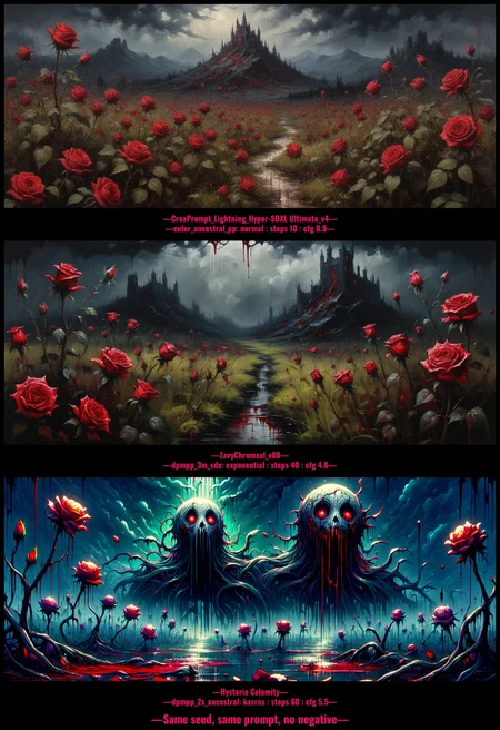 dramatic expressionism oil painting of bucolic meadow landscape contrasted by corrupt lands of thorny towering roses dripping blood from their crimson petals, foreboding bloom, bold brushstrokes, impasto, color splashes, drip paint, grimdark, horror, vibrant selective color, masterpiece, highly detailed, 4k