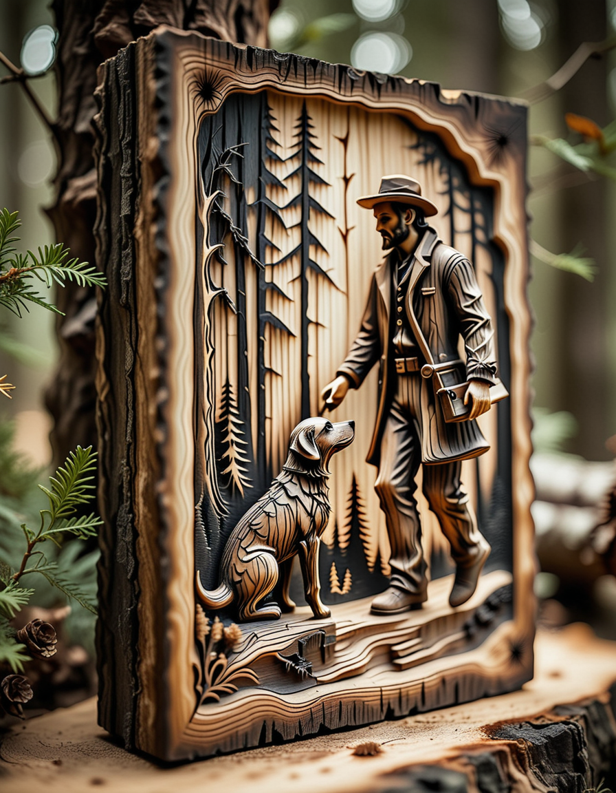 Pyrography mode, burned wood textures, earthy tones, pyrography style,
a figure of a man with a dog in forest etched into a piece of wood with intricate burn marks, the earthy tones and burned textures adding a rustic charm, sepia tone filter.
 <lora:dmd2_sdxl_4step_lora_fp16:1.0> , <lora:Expressive_H:1>, Depth of field, <lora:dark:0.1>, dutch angle,  <lora:aidmaFLuxPro1.1_v0.3_IL:1>,  aidmafluxpro1.1<lora:aidmaMJ6.1_v0.5_IL:1>, aidmaMJ6.1,