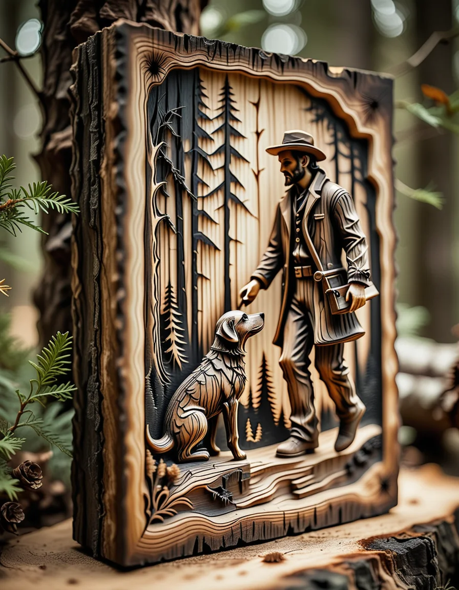 Pyrography mode, burned wood textures, earthy tones, pyrography style,
a figure of a man with a dog in forest etched into a piece of wood with intricate burn marks, the earthy tones and burned textures adding a rustic charm, sepia tone filter.
<lora:dmd2_sdxl_4step_lora_fp16:1.0> , <lora:Expressive_H:1>, Depth of field, <lora:dark:0.1>, dutch angle, <lora:aidmaFLuxPro1.1_v0.3_IL:1>, aidmafluxpro1.1<lora:aidmaMJ6.1_v0.5_IL:1>, aidmaMJ6.1,