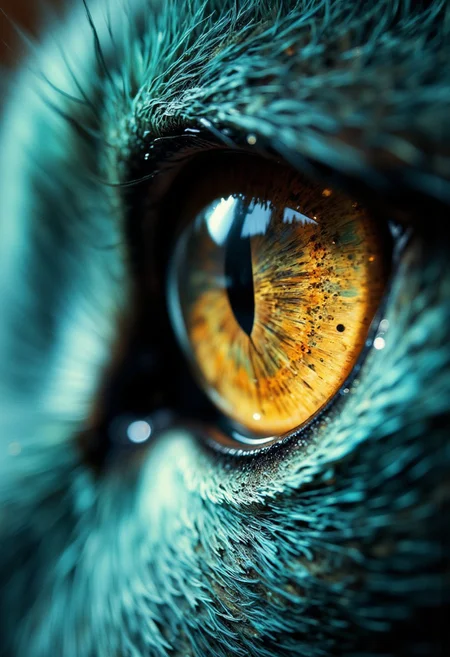 Focus on the textured surface of a cats teal eye, capturing the dense network of tiny, repeating hairs that create a fur-like pattern. Use an ultra macro lens to isolate a small section of the eye,emphasizing the tactile detail of its surface. Side lighting enhances the dimensionality of each line, casting subtle shadows.
Position the camera to balance symmetry and organic randomness, creating a dynamic yet harmonious composition. The vivid teal hue dominates the frame, with blurred highlights in the background adding a sense of warmth and depth. This close-up transforms an everyday object into a study of micro-scale fractal beauty.