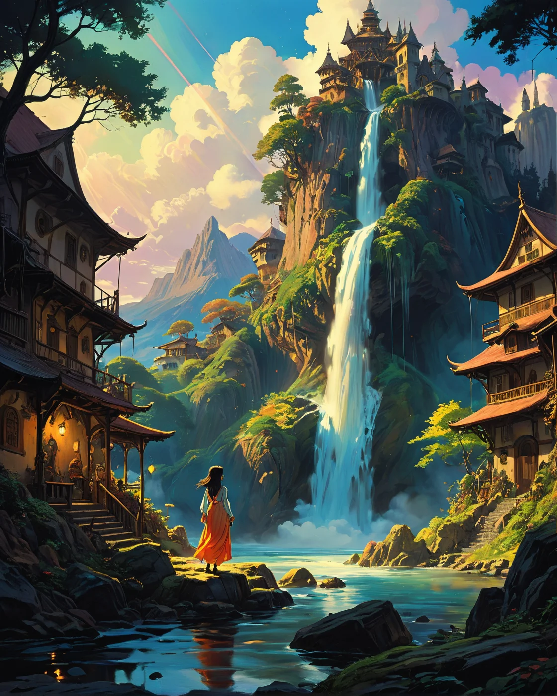 a wanderer between worlds in flowing bright clothes, (epic landscape:1.5), (studio ghibli drawing), (studio ghibli painting),best quality, masterpiece, extremely detailed, professional art, professional painting, an extremely delicate and beautiful, dynamic, great lighting, perfect shading, professional shading, depth of field, side soft light, elegant, gorgeous, highly detailed, full shot, uncropped, pure genious, absolutely perfect, highly detailed, breathtaking,
image style is neo-romanticism painting , Lens Flares ((light bokeh)) and Glitch Effect and Grain/Noise Texture and Shadow/Highlight Enhancement , , intricate Frank Frazetta , Fill Light vibrant colors and Glitch Effect , , incluenced by John Howe ,, village of the medevial era in the style of Terry Pratchet,a mystical waterfall that flows into the clouds, where the water appears to vanish into the air.,
<lora:0d28507d-6abc-443d-9c00-5f399ab8c7eb.TA_trained:0.7>,
<lora:EldritchRomanceIllustration1.3.1:0.3>,
<lora:- SDXL - vanta-black_contrast_V3.0:0.2>,
<lora:add-detail-xl:0.7>,
<lora:detailed_notrigger:0.7>,