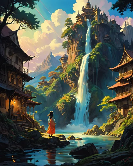 a wanderer between worlds in flowing bright clothes, (epic landscape:1.5), (studio ghibli drawing), (studio ghibli painting),best quality, masterpiece, extremely detailed, professional art, professional painting, an extremely delicate and beautiful, dynamic, great lighting, perfect shading, professional shading, depth of field, side soft light, elegant, gorgeous, highly detailed, full shot, uncropped, pure genious, absolutely perfect, highly detailed, breathtaking,
image style is neo-romanticism painting , Lens Flares ((light bokeh)) and Glitch Effect and Grain/Noise Texture and Shadow/Highlight Enhancement , , intricate Frank Frazetta , Fill Light vibrant colors and Glitch Effect , , incluenced by John Howe ,, village of the medevial era in the style of Terry Pratchet,a mystical waterfall that flows into the clouds, where the water appears to vanish into the air.,
<lora:0d28507d-6abc-443d-9c00-5f399ab8c7eb.TA_trained:0.7>,
<lora:EldritchRomanceIllustration1.3.1:0.3>,
<lora:- SDXL - vanta-black_contrast_V3.0:0.2>,
<lora:add-detail-xl:0.7>,
<lora:detailed_notrigger:0.7>,