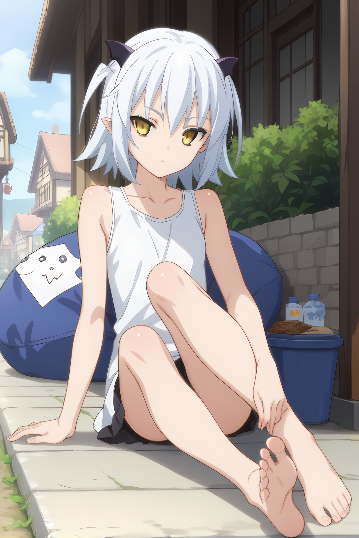 (casual clothes), mt-shiroyasha, white hair, yellow eyes, short horns, 1girl, solo, skinny, feet, (score_9, score_8, score_7), source_anime, horny, (town), (1.3::full body|sitting|standing|lying|0.6::close-up| :1.20), <lora:mt-shiroyasha-V01-000003:0.70>