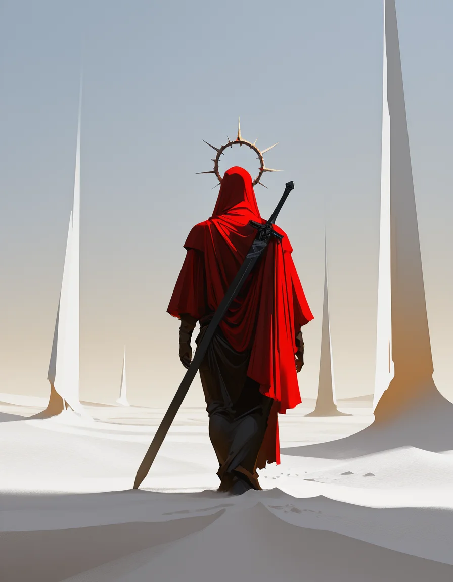HDR,8K,high contrast,masterpiece,best quality,amazing quality,very aesthetic,high resolution,
masterpiece, best quality, good quality, very awa, very aesthetic, absurdres, newest,
sketch painting, (digital art:1.3), (concept art:1.2), very smooth, from behind, back of a person in a bright red mantle, mantle is very baggy, huge hanging sleeves, standing in a completely white desert, white sand, the sky is smooth blue. holding a black sword
<lora:add-detail-xl:1.5> <lora:Void_Spectrum-000008:1>