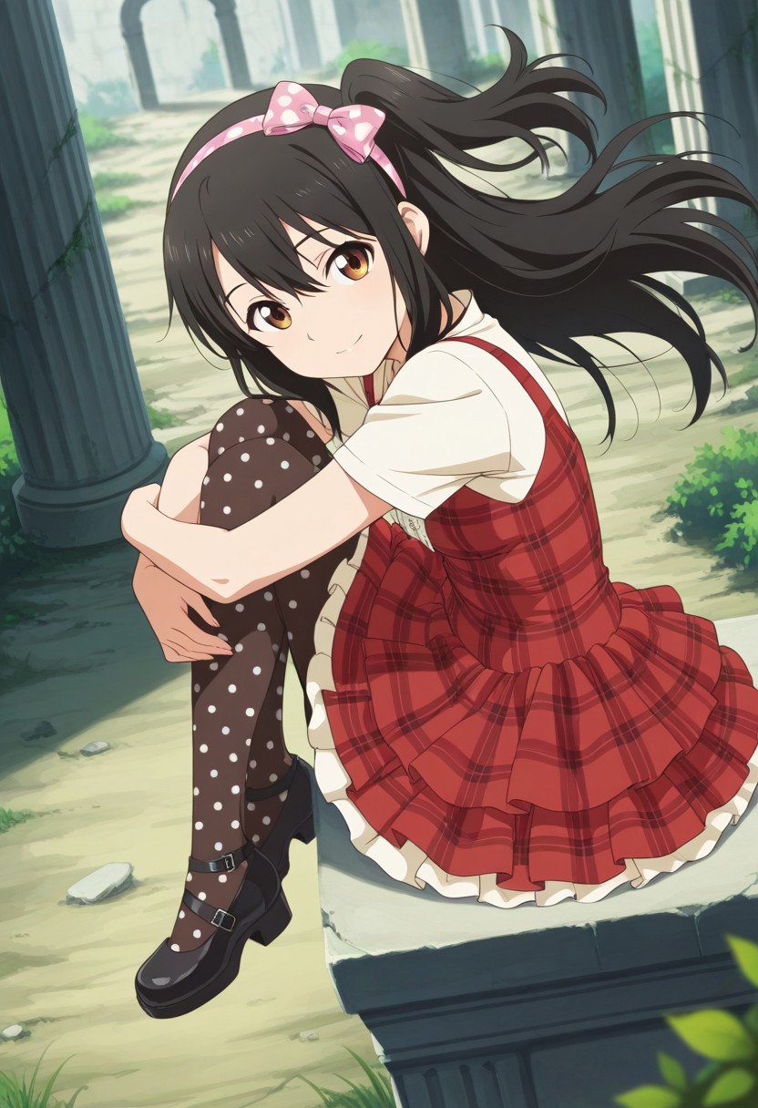 medium depth of field, rule of thirds, masterpiece-level, clean lines, sharp, focused subject, minimalistic composition, masterpiece, amazing quality, best quality, anime screencap, detailed face, detailed eyes, detailed outfit, face focus, 
general,highres, ultra-detailed,very aesthetic,best quality ,best hands,  
BREAK 1girl, Tenka Adachi,black_hair, long_hair, side tail, hair_ornament, brown_eyes, flat chest, short body,
Showaretrocakeskirtdress, plaid, red dress, hair bow, pantyhose, black footwear, polka dot legwear, (layered skirt:1.2), ribbon, (ribbon plaid hairband:1.1), white short sleeves, frill
very large breasts, sagging breasts, garl small body,
from side, from above,
sitting, hugging own legs, knees arms support, floating hair, happy, light smile, looking at viewer, 
(Ruins, stone pillars, bushes),
