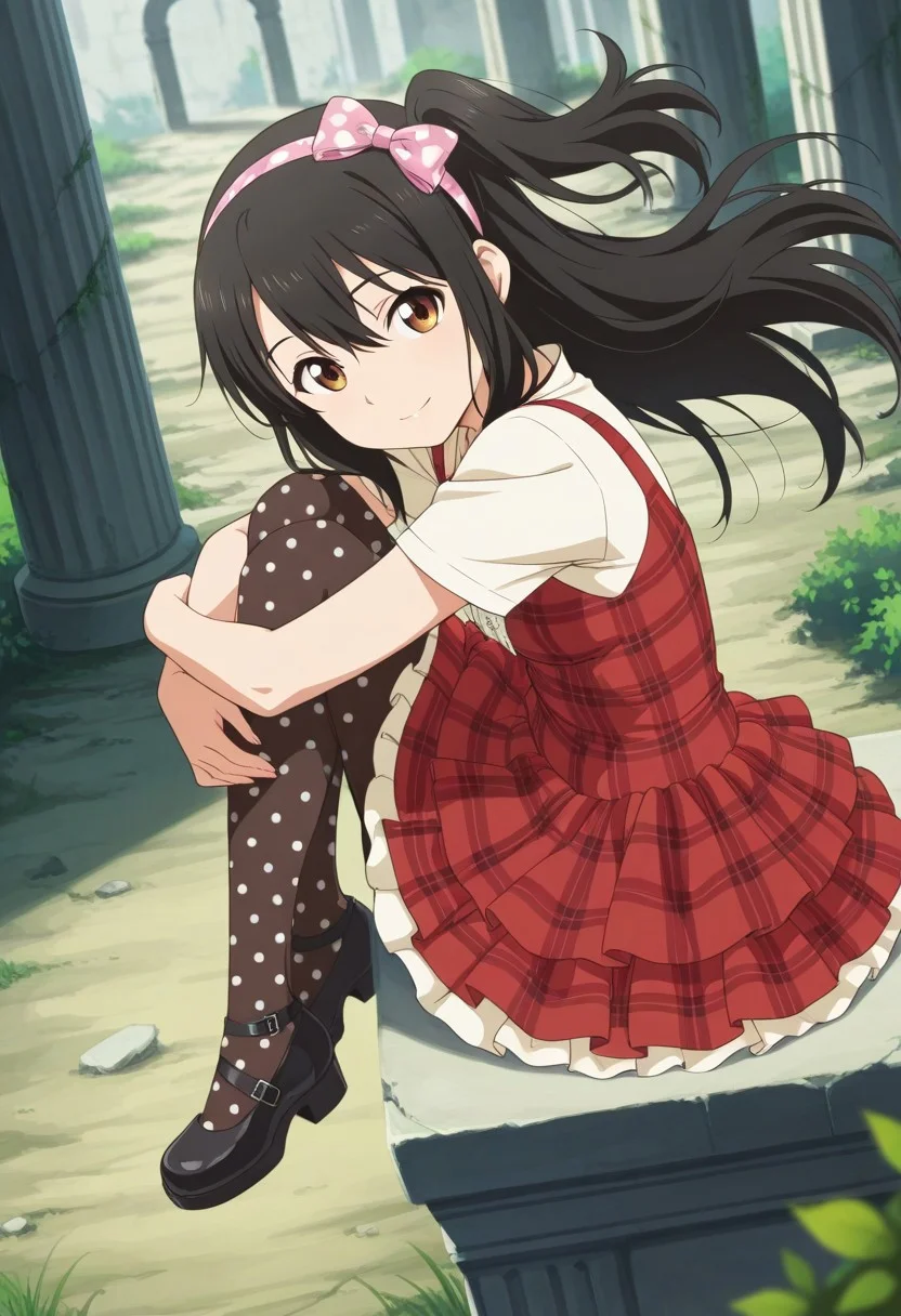 medium depth of field, rule of thirds, masterpiece-level, clean lines, sharp, focused subject, minimalistic composition, masterpiece, amazing quality, best quality, anime screencap, detailed face, detailed eyes, detailed outfit, face focus,
general,highres, ultra-detailed,very aesthetic,best quality ,best hands,
BREAK 1girl, Tenka Adachi,black_hair, long_hair, side tail, hair_ornament, brown_eyes, flat chest, short body,
Showaretrocakeskirtdress, plaid, red dress, hair bow, pantyhose, black footwear, polka dot legwear, (layered skirt:1.2), ribbon, (ribbon plaid hairband:1.1), white short sleeves, frill
very large breasts, sagging breasts, garl small body,
from side, from above,
sitting, hugging own legs, knees arms support, floating hair, happy, light smile, looking at viewer,
(Ruins, stone pillars, bushes),