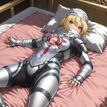 1girl, woman lying on bed, silver outfit, <lora:SheikXL:.7>, soft hands, red eyes, blonde hair, (anime, masterpiece, intricate:1.3), (best quality, hires textures, high detail:1.2), (4k),(incredibly detailed:1.4),UHD, 8K, ultra detailed