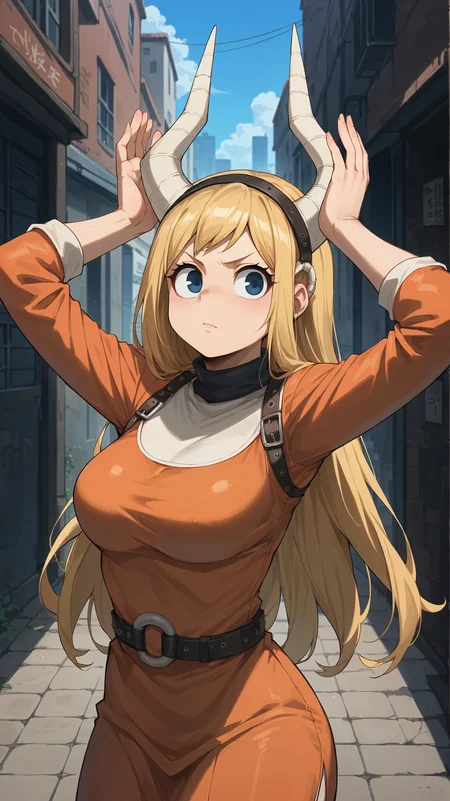 score_9,score_8_up,score_7_up,score_6_up, <lora:xl_more_art-full_v1:0.5>, source_anime, girl, dynamic pose, hands above her head, <lora:Pony Tsunotori (Rocketti) - Pony:0.8>, long hair, blonde hair, blue eyes, large eyes, white horns, large horns, black hairband, black collar, orange dress, leather straps, leather armlet, short girl, large nose, round face, city, alley,