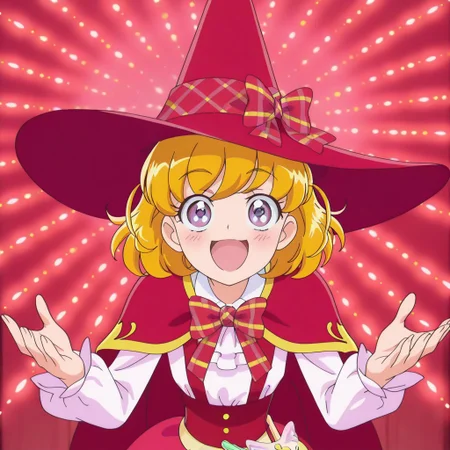anime screencap, high definition,amazing quality,best quality,very aesthetic,masterpiece,absurdres, BREAK
upper body, 1girl, solo, asahinamirai, purple eyes,blonde hair,school uniform, witch,red witch hat, plaid bow, capelet, smile, open mouth, blush, looking at viewer, medium breasts,
open arms, open hands, hunchback, leaning forward, radial light panel, umai!, meme, danmaku,