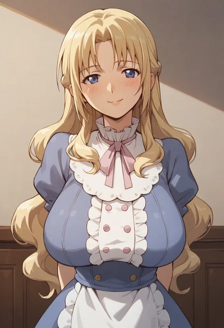 Score_9_up, score_8_up, score_7_up, BREAK, 1girl, solo, sylviamaha, blonde hair, long hair, blue eyes, dress, bib collar, ribbon, large breasts, hands behind back, small smile, blushing, fancy bedroom