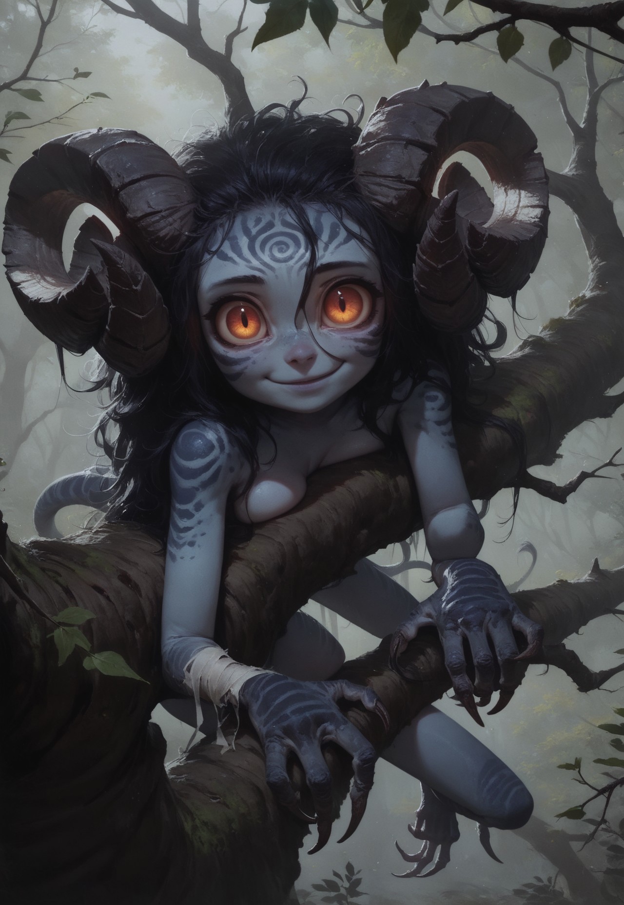 safe_pos, score_9, score_8_up, score_7_up, extremely detailed, realism, (monster girl on mossy tree branch:1.1), moss-covered branch, wood, monster girl, crouched:1.1, curled horns, medium breasts, big eyes, dark forest canopy, glowing eyes, big claws, big eyes, pale skin, bandages, long hair, looking at viewer, leaves, (face close-up:1.2), messy hair, skin markings, grey mottled skin, blue skin, long ears, evil smile, (above ground:1.2), hands between feet, tail:1.1, (lying on branch:1.2), (lying on back:1.1), volumetric lighting, young:1.2, from side,