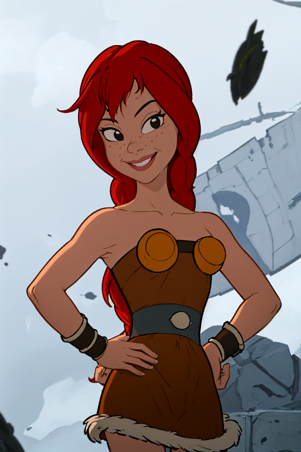 <lora:Abba1.0:0.8> abba, 1girl, solo, breastplate, smile, dress, strapless, breasts,upper body, bracer,hand on own hip, looking at viewer, standing, black eyes