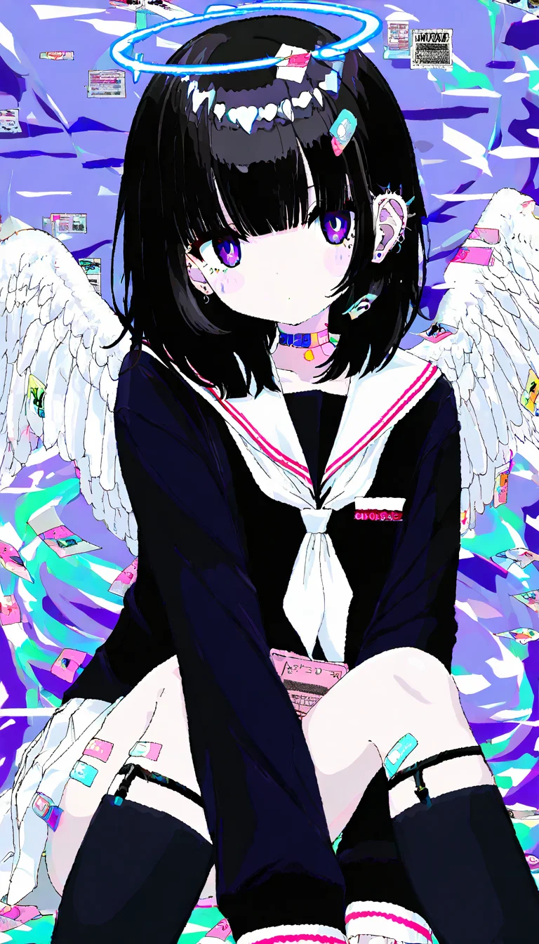 masterpiece, best quality, good quality, very aesthetic, absurdres, newest,  1girl, angel wings, white skirt, glitch, halo, bandaid on leg, black hair, barcode, school uniform, white neckerchief, black socks, long sleeves, medium hair, black shirt, dot mouth, white sailor collar, pleated skirt, serafuku, purple eyes, gauze, white wings, simple background, sitting, looking at viewer, blue background, blunt bangs, pale skin, sleeves past wrists, blush, long bangs, feet out of frame, kneehighs, feathered wings, ear piercing, knees up, no mouth, english text, bandaid on knee, colored inner hair, head tilt, bandages, empty eyes, sidelocks, purple background