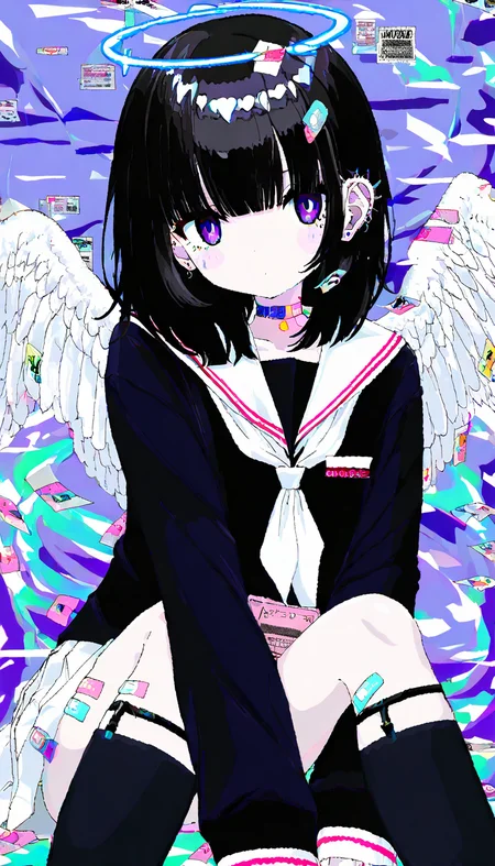 masterpiece, best quality, good quality, very aesthetic, absurdres, newest,  1girl, angel wings, white skirt, glitch, halo, bandaid on leg, black hair, barcode, school uniform, white neckerchief, black socks, long sleeves, medium hair, black shirt, dot mouth, white sailor collar, pleated skirt, serafuku, purple eyes, gauze, white wings, simple background, sitting, looking at viewer, blue background, blunt bangs, pale skin, sleeves past wrists, blush, long bangs, feet out of frame, kneehighs, feathered wings, ear piercing, knees up, no mouth, english text, bandaid on knee, colored inner hair, head tilt, bandages, empty eyes, sidelocks, purple background
