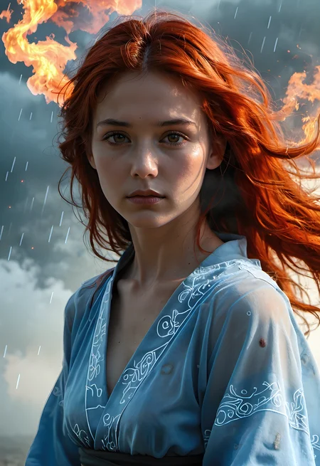 concept art breathtaking wabstyle,glowing,robe,(fog,:1.2) (mist:1.2),smoke,girl composed of white light,girl composed of black smoke,fire,sun,1girl,long hair,solo,(photorealistic:1.4),cowboy shot,cinematic angle,fisheye,motion blur,sexily,shoujo kitou-chuu,blue fire,fire rain,Long hair fluttering in the wind,long,wave,flaming red hair,Thorough,analog style,female focus,highest quality,(highly detailed skin),perfect face,skin pores,(bokeh:0.6),sharp focus,dappled lighting,(backlighting:0.7),film grain,photographed on a Sony A7R IV,18mm F/1.7 cine lens,(highly detailed, intricately detailed),8k,HDR,front view,(full body visible:1.2), score_9, score_8_up, score_7_up, score_6_up,embedding:EZRealPONYXL,