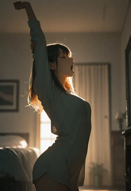 masterpiece, ultra-HD, cinematic lighting, photorealistic, impressionism (1.5), high detail, depth of field, (blurred background), (dramatic lighting),masterpiece, best quality, very aesthetic,8k,masterpiece, best quality, amazing quality, 
,, 1girl, beautiful, petite, 25yo, adult , standing, stretching,
 twisting torso, yawning, morning light, bedroom, medium breasts