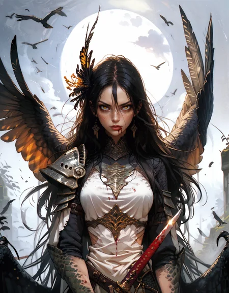 score_9, score_8_up, score_7_up, score_6_up, score_5_up, score_4_up,   monster girl, bird girl, bird monster girl, black wings, feathered wings, yellow eyes, hair between eyes, long hair, very long hair, scales, feathers, freckles, wild, agressive, sword, armor, kill, blood, beautiful, impressive, attack, look at viewer