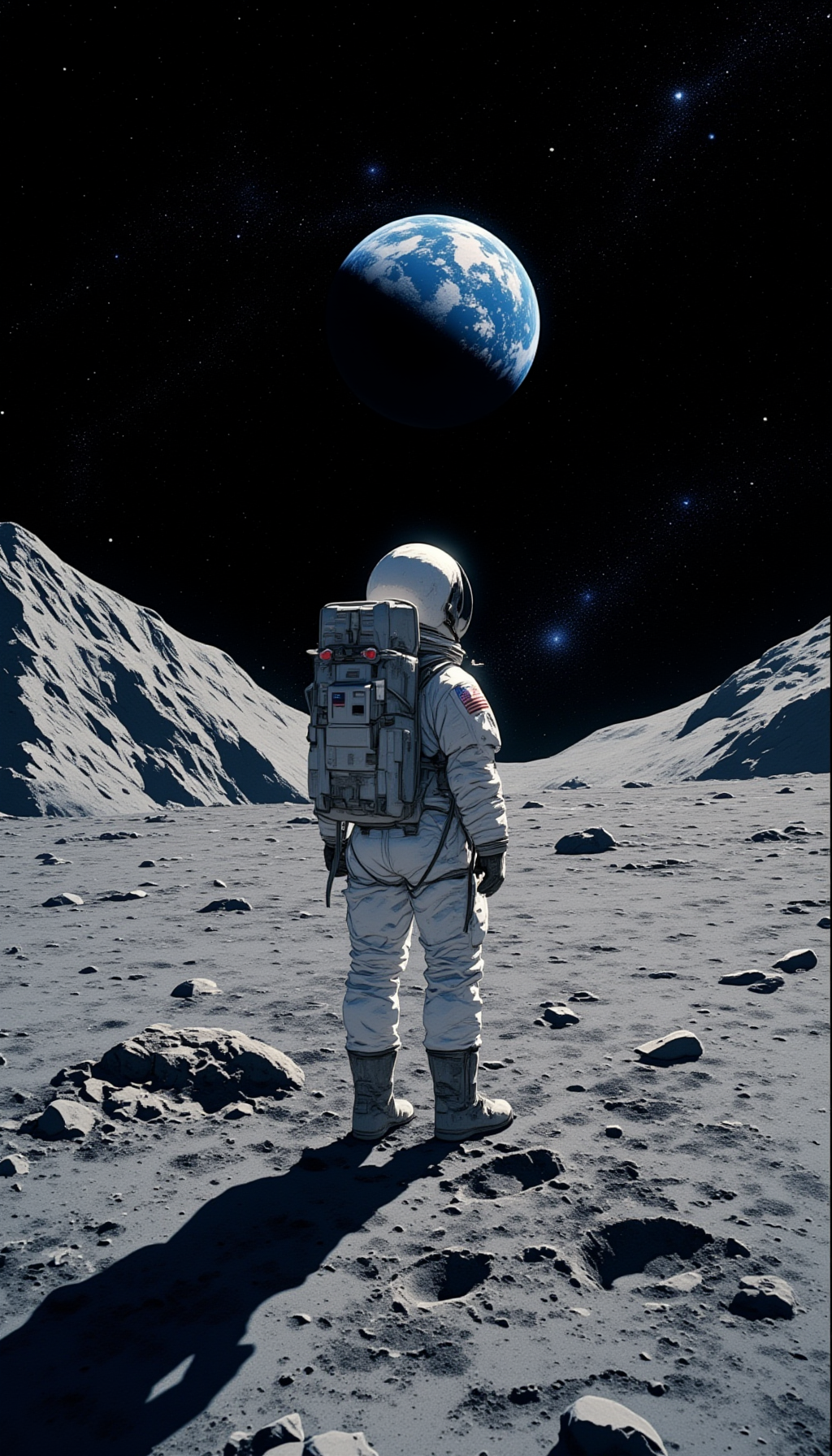 Create the upper body and face of a girl in a space suit is the center of the composition, a highly detailed and realistic scene of the lunar surface under a starry night sky. Show the rough, cratered surface with fine dust, jagged rocks, and small impact craters. Prominently feature astronaut boot prints leading into the distance, deeply imprinted in the powdery lunar regolith. To the left, render a large, well-defined crater with sharp, irregular edges and shadows casting depth. In the background, place the Earth as a brilliant blue and white sphere against the dark sky, with visible cloud patterns. The sky should be deep black with countless twinkling stars, emphasizing the vastness of space. The scene should evoke awe and solitude, capturing the majesty of the lunar landscape and the connection to Earth, rendered with photorealistic accuracy.
