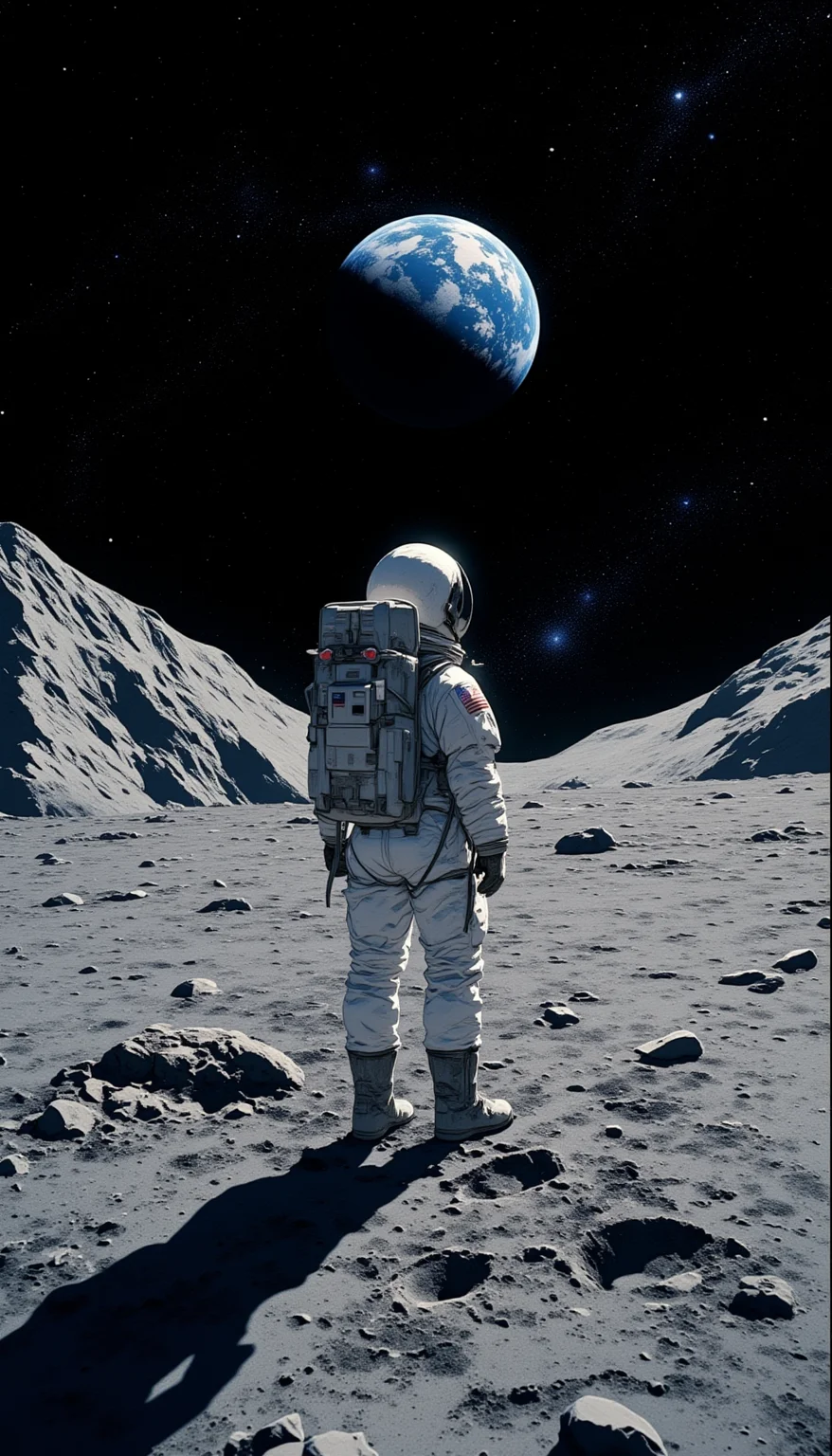 Create the upper body and face of a girl in a space suit is the center of the composition, a highly detailed and realistic scene of the lunar surface under a starry night sky. Show the rough, cratered surface with fine dust, jagged rocks, and small impact craters. Prominently feature astronaut boot prints leading into the distance, deeply imprinted in the powdery lunar regolith. To the left, render a large, well-defined crater with sharp, irregular edges and shadows casting depth. In the background, place the Earth as a brilliant blue and white sphere against the dark sky, with visible cloud patterns. The sky should be deep black with countless twinkling stars, emphasizing the vastness of space. The scene should evoke awe and solitude, capturing the majesty of the lunar landscape and the connection to Earth, rendered with photorealistic accuracy.